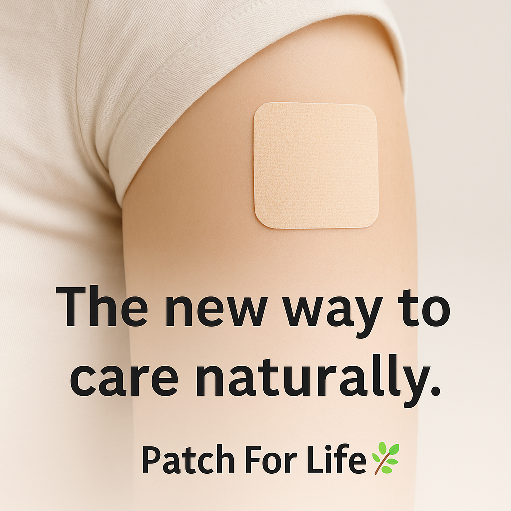 אדם עם מדבקה טבעית על הזרוע, רקע בהיר, טקסט "The new way to care naturally" ולוגו Patch For Life